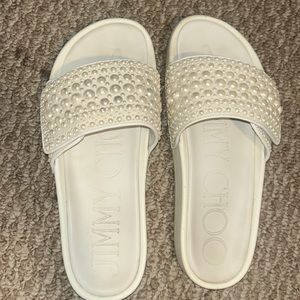 Jimmy Choo Fitz Pearly Stud Pool Sandals, White